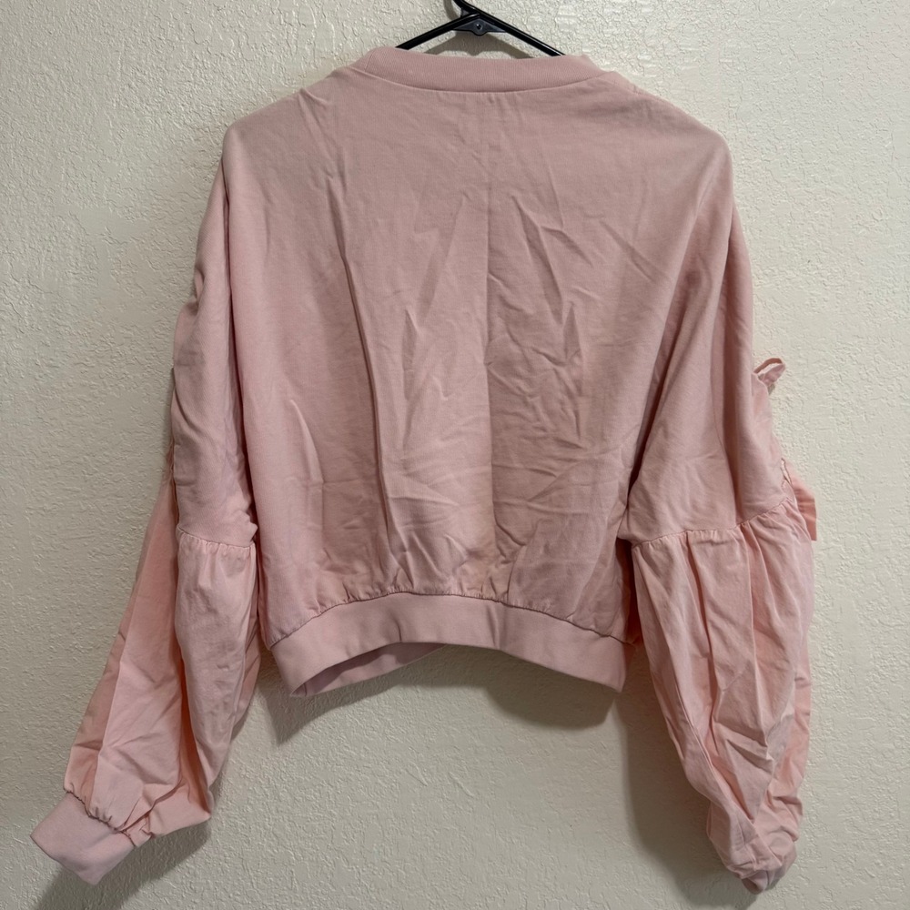 ZARA Pink Gathered Sleeve Sweatshirt Women Medium Crew Neck Casual Pullover - Picture 12 of 15